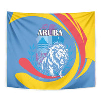 Aruba lion tapestry close view with ARUBA lettering and roaring lion in blue, yellow, red