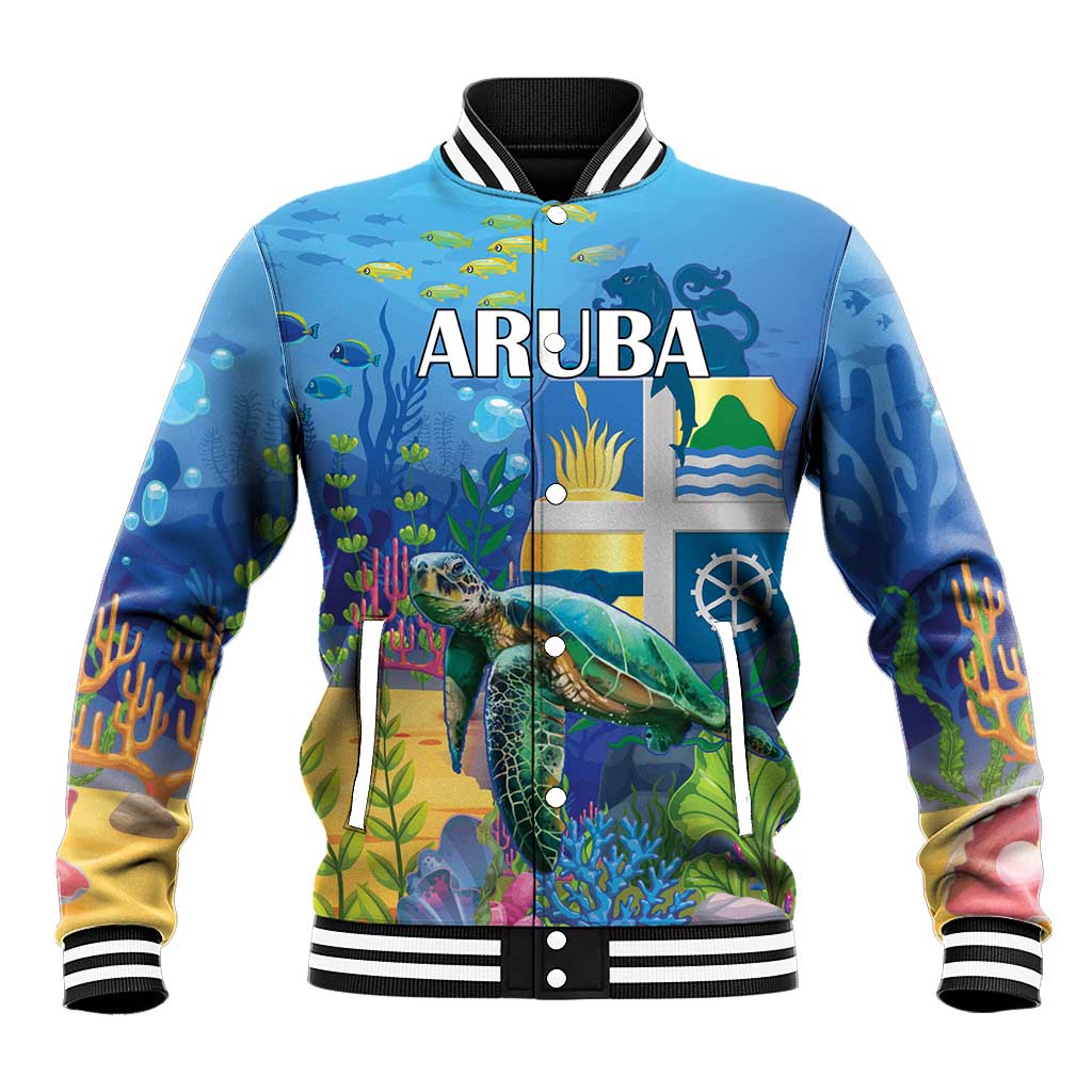 Blue unisex baseball jacket with ARUBA print, sea turtle underwater graphics, snap front