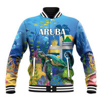 Blue unisex baseball jacket with ARUBA print, sea turtle underwater graphics, snap front
