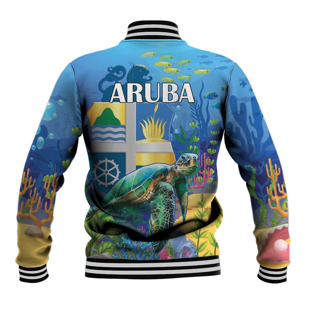 Blue unisex baseball jacket back with ARUBA logo and sea turtle underwater graphics
