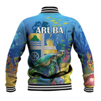 Blue unisex baseball jacket back with ARUBA logo and sea turtle underwater graphics