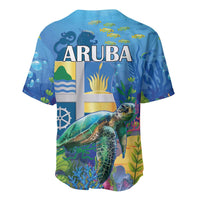 Blue baseball jersey back with ARUBA lettering and sea turtle underwater scene, short sleeves