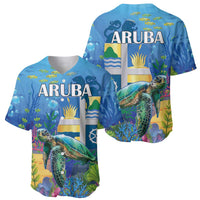 Blue baseball jersey pair with ARUBA logo and sea turtle underwater print, short sleeves