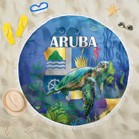 150 cm round beach blanket with fringed edge, blue underwater sea turtle landscape