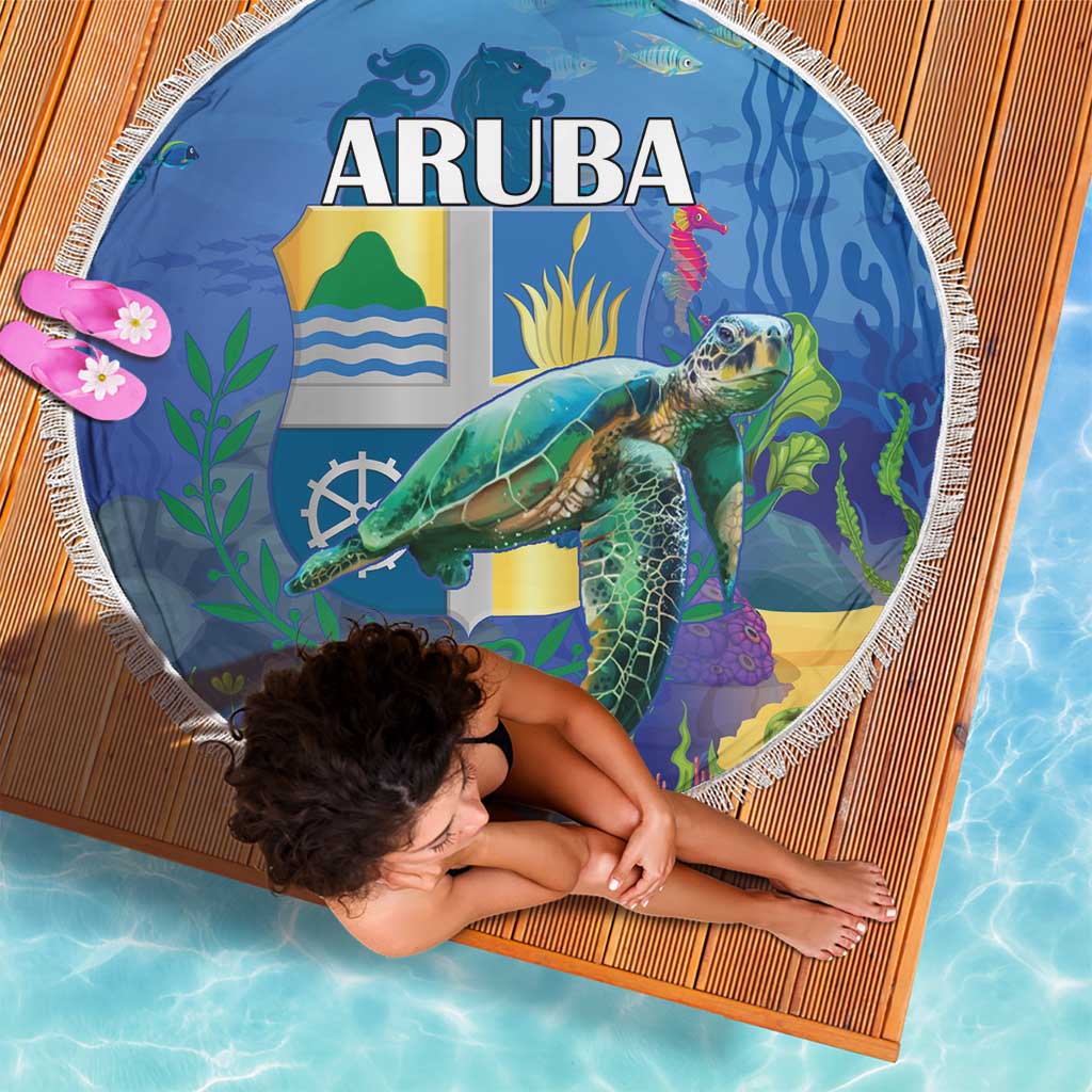 150 cm round beach blanket with fringed edge, ARUBA text and sea turtle underwater graphic