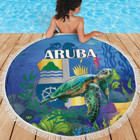 150 cm round beach blanket with fringed edge, ARUBA text over sea turtle underwater artwork