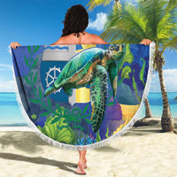 150 cm round beach blanket with fringed edge, sea turtle and fish underwater scene with ARUBA