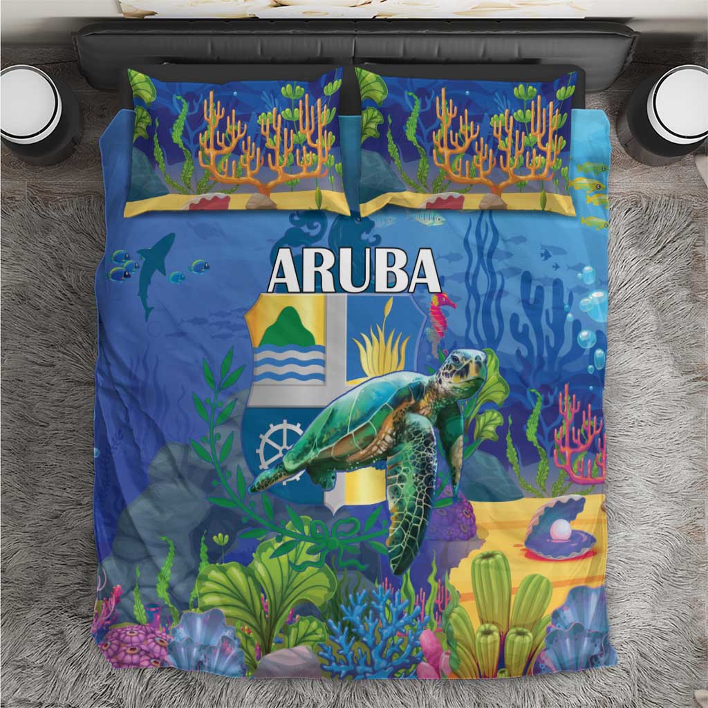 Sea turtle bedding set with blue underwater coral print, ARUBA text, 2 pillowcases