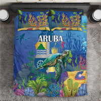Sea turtle bedding set with blue underwater coral print, ARUBA text, 2 pillowcases