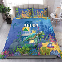 Sea turtle bedding set with blue reef artwork, ARUBA lettering on duvet, 2 matching pillows
