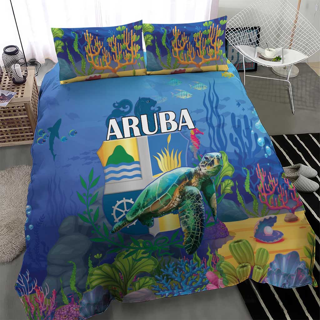 Sea turtle duvet and pillow set, blue ocean coral design with ARUBA text