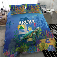 Sea turtle duvet and pillow set, blue ocean coral design with ARUBA text