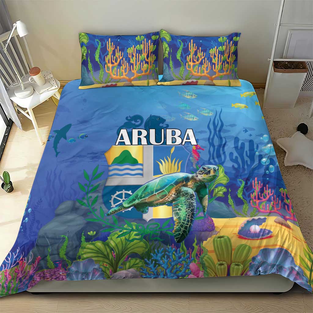 Sea turtle bedding set in blue with reef and sea turtle scene, ARUBA word on duvet