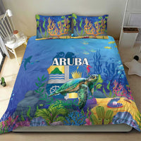 Sea turtle bedding set in blue with reef and sea turtle scene, ARUBA word on duvet