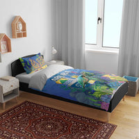 Sea turtle bedding set on bed: blue ocean coral design with ARUBA text on duvet