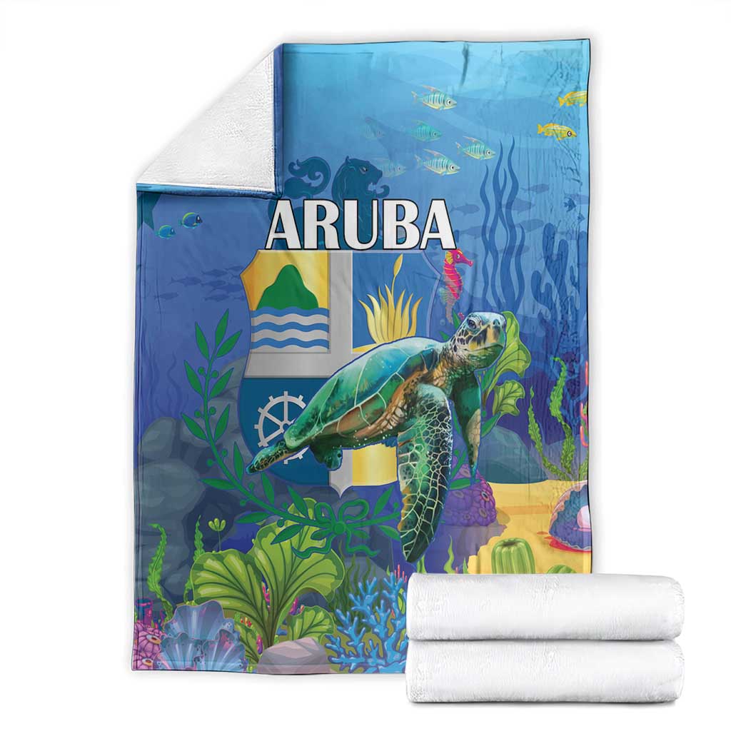 Blue ARUBA sea turtle blanket, underwater coral and plants design