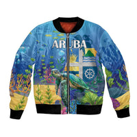 Unisex blue bomber jacket with sea turtle and Aruba flag graphic, full zip front