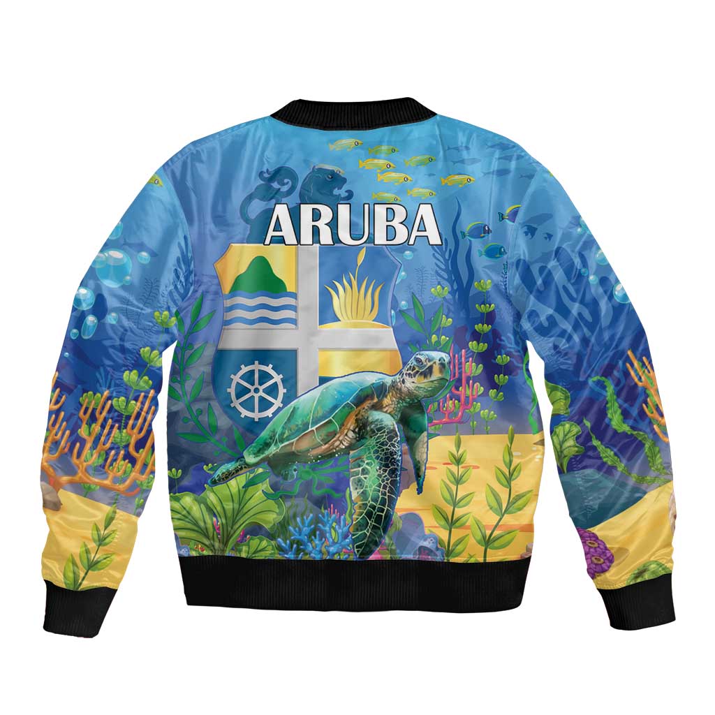 Unisex blue bomber jacket, sea turtle underwater print with Aruba text, ribbed black hem