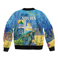 Unisex blue bomber jacket, sea turtle underwater print with Aruba text, ribbed black hem