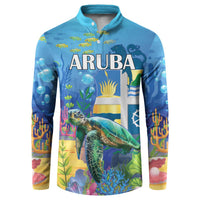 Blue button sweatshirt with sea turtle underwater graphic and ARUBA text on front.
