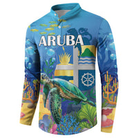 Blue button sweatshirt with ARUBA sea turtle underwater scene print on chest and sleeves.