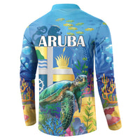 Blue button sweatshirt with ARUBA text and underwater turtle graphic on back.