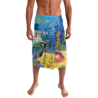 Blue underwater landscape swim shorts with sea turtles, coral, and ARUBA logo