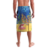 Blue underwater print swim shorts with coral reef and sea plants, elastic waist