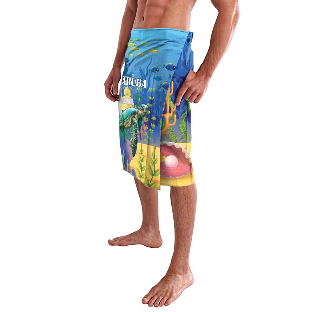 Blue sea turtle underwater print swim shorts with ARUBA text panel and coral