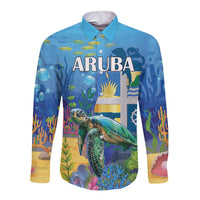 Blue long-sleeve button shirt with turtle and ARUBA ocean landscape, front view