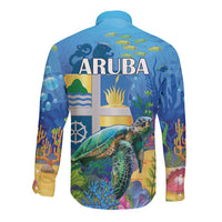 Blue long-sleeve button shirt with turtle and ARUBA ocean landscape, back view
