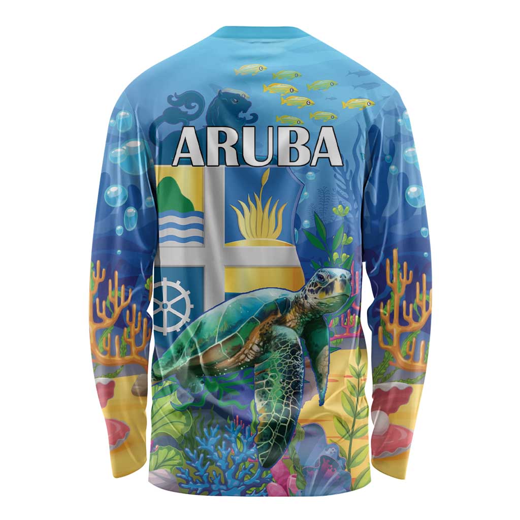 Blue unisex long-sleeve shirt, back view, sea turtle underwater scene with coral and fish