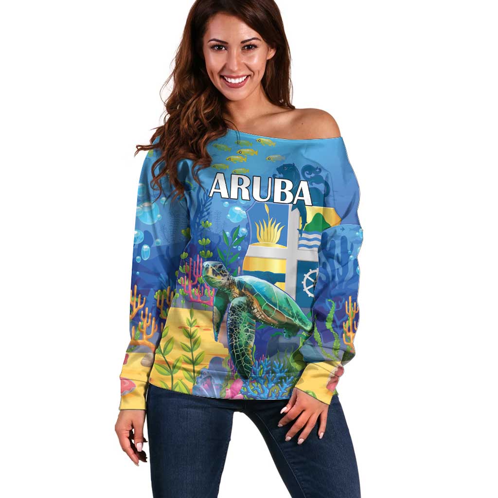 Aruba Sea Turtle Off Shoulder Sweater Underwater Landscape - Wonder Print Shop