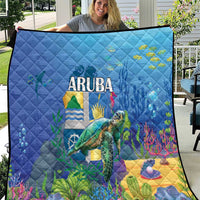 Blue sea turtle quilt with quilted diamond pattern and underwater landscape design