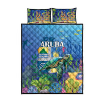 Blue sea turtle quilt bed set with two pillowcases, coral reef scene, and ARUBA graphic