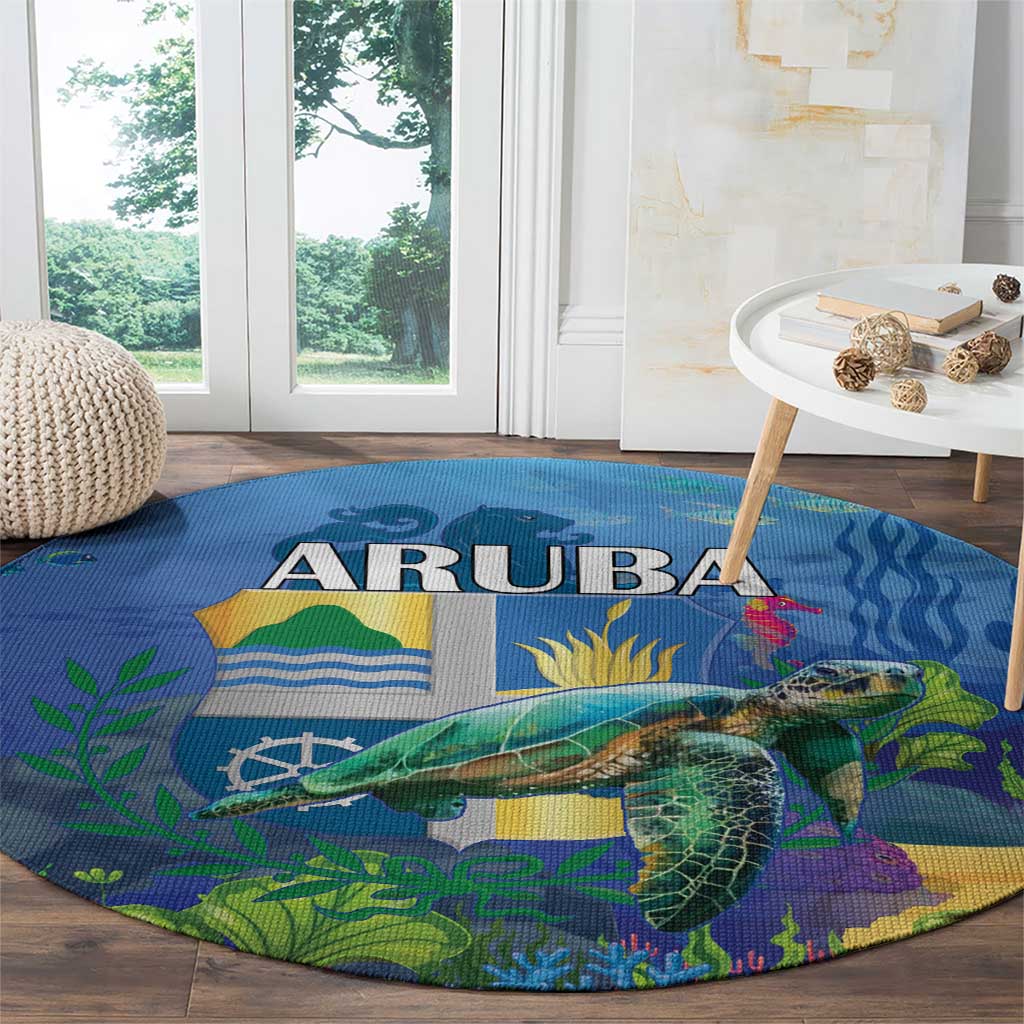 Round blue sea turtle rug with ARUBA wordmark and turtle over ocean scenery