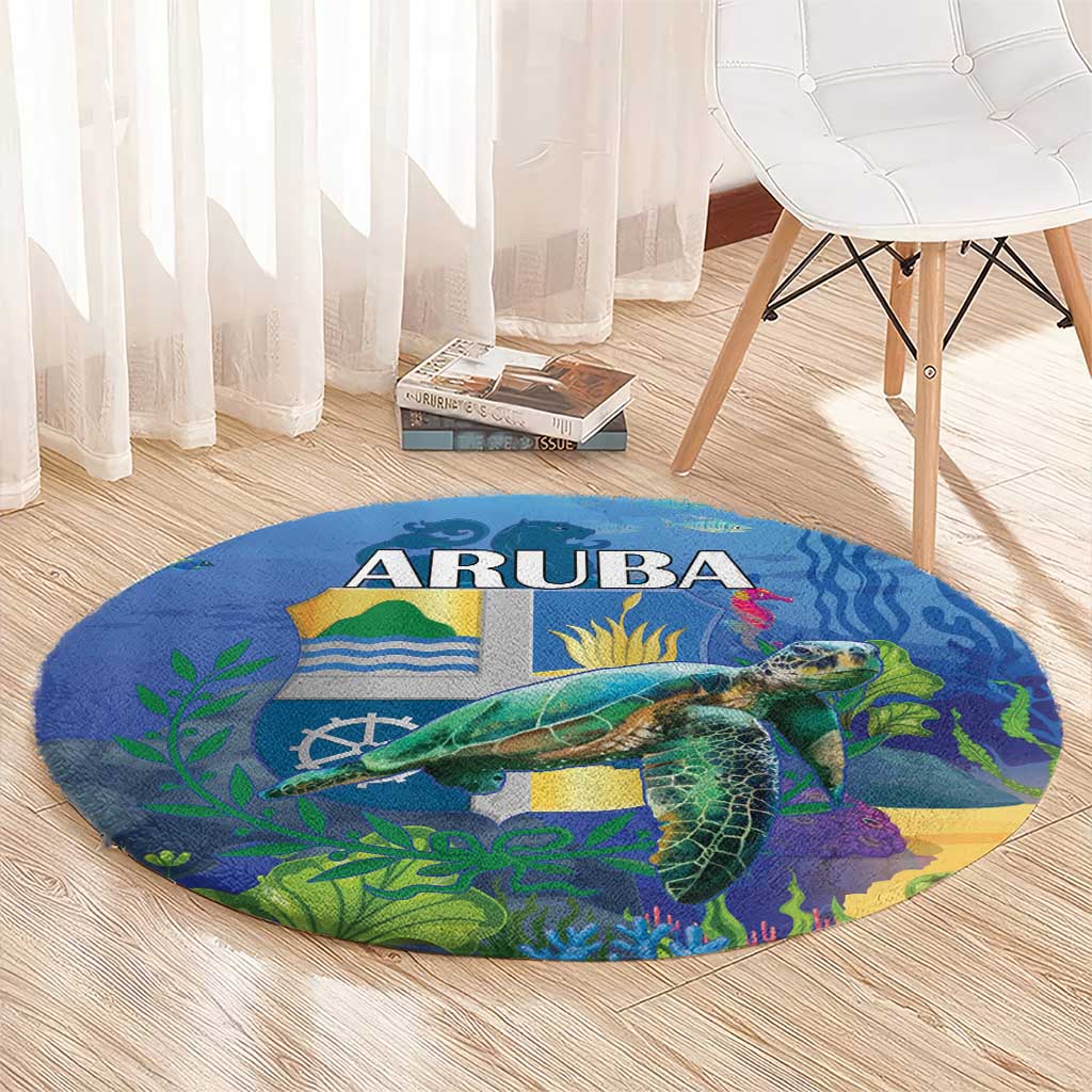 Round blue sea turtle rug with ARUBA text, turtle, and colorful reef details