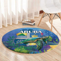 Round blue sea turtle rug with ARUBA text, turtle, and colorful reef details