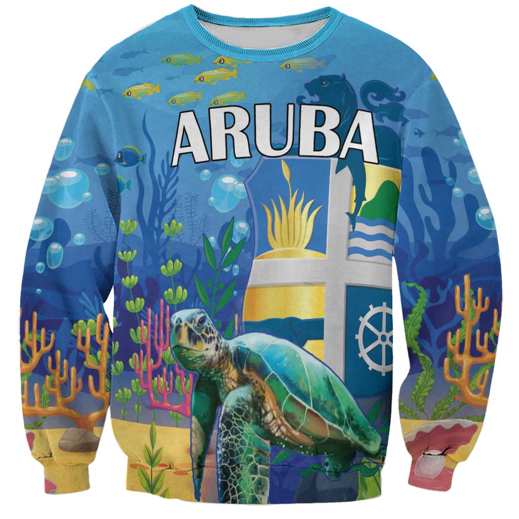 Blue unisex sweatshirt with front sea turtle and colorful underwater window print