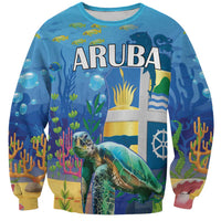 Blue unisex sweatshirt with front sea turtle and colorful underwater window print