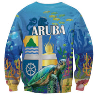 Blue unisex sweatshirt back with ARUBA text and sea turtle underwater scene