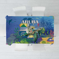 Blue Aruba sea turtle tablecloth with underwater landscape and bold 'ARUBA' text