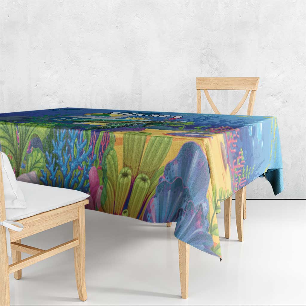 Blue sea turtle tablecloth with underwater coral and cactus plants print