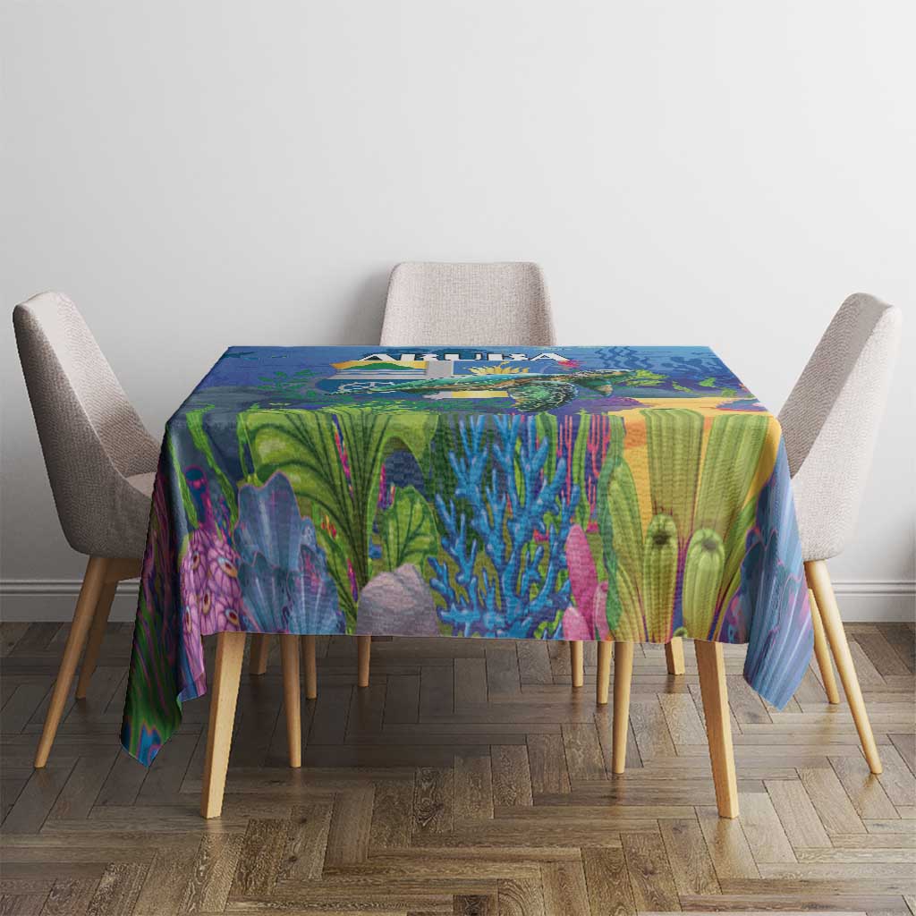 Blue sea turtle tablecloth on dining table with underwater coral and plant pattern