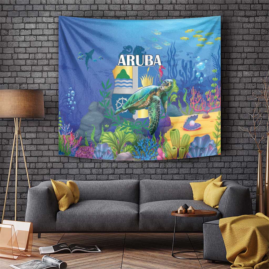 Blue sea turtle underwater landscape tapestry with 'ARUBA' lettering and colorful reef scenes.