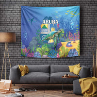Blue sea turtle underwater landscape tapestry with 'ARUBA' lettering and colorful reef scenes.