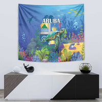 Blue sea turtle underwater landscape tapestry showing 'ARUBA' center, fish and coral details.