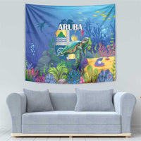 Blue sea turtle underwater landscape tapestry with centered 'ARUBA' and sea plants.