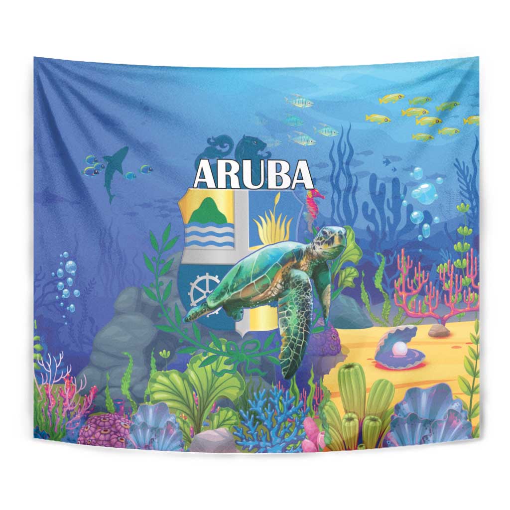 Blue sea turtle underwater landscape tapestry with 'ARUBA' and vibrant coral, bubbles, and fish.