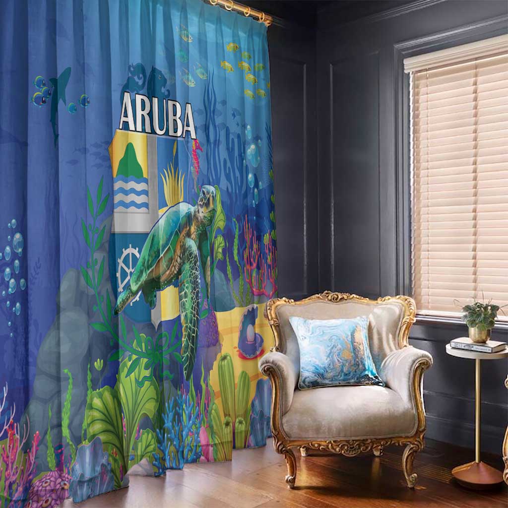 Blue sea turtle window curtain with underwater coral reef and sea turtle print